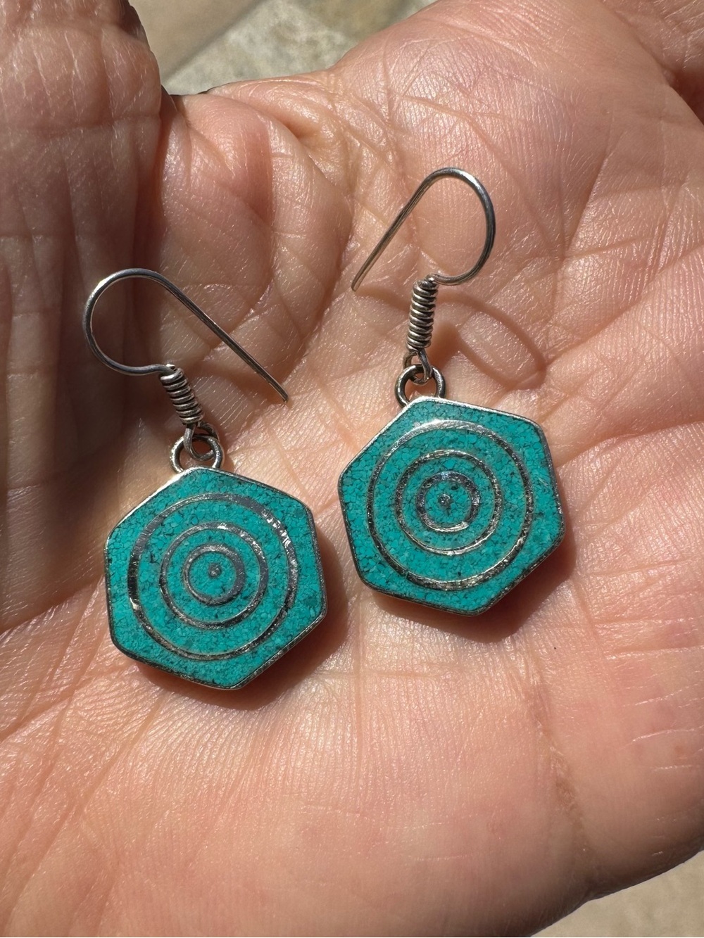 Nepalese Turquoise and Silver Hexagon Dangle Earrings - - Picture 5 of 8